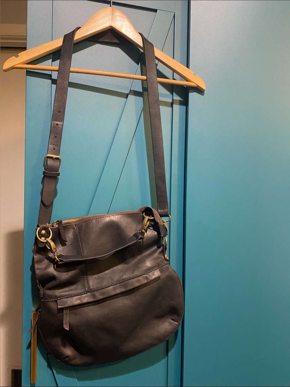 Bed Stu Tahiti Black/Dark Brown Leather Crossbody Bag with Brass Hardware